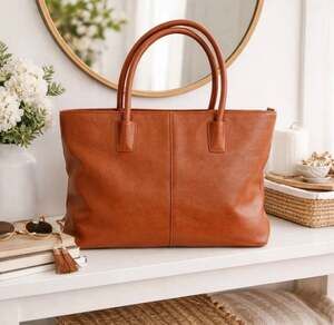 Onna Ehrlich Orange Brown Pebbled Leather Zipper Tote Handbag